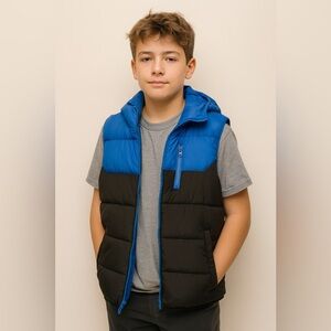 Primark Boys Puffer Vest Size 13/14 Blue Black Sleeveless Zip Jacket Winter Warm